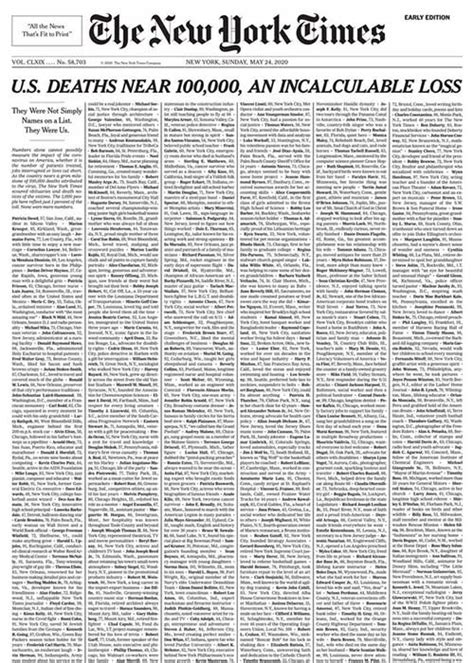 incalculable loss  york times pays tribute  covid  victims  powerful front
