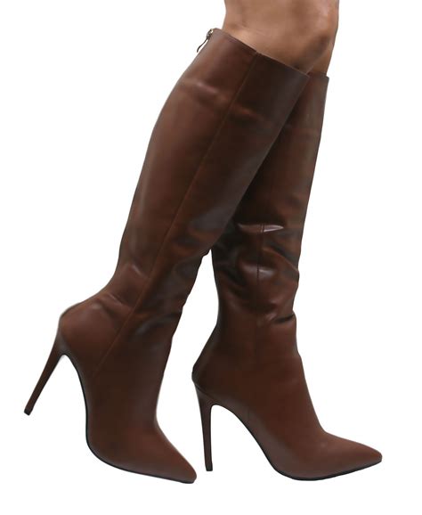 ladies stiletto heel womens knee high pointed long boots faux leather