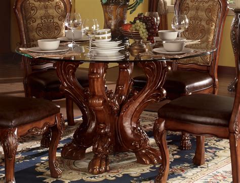 dresden formal carved wood   glass top dining table  cherry oak