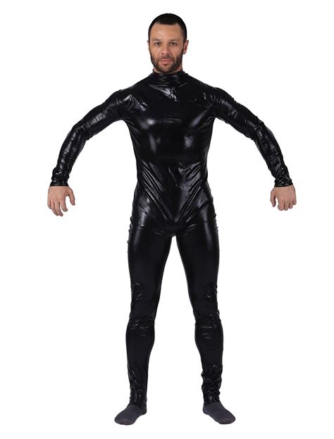 halloween black catsuit for men shiny metallic catsuit costume
