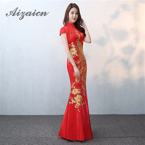 bride vintage cheongsam long national chinese dress red qi pao women