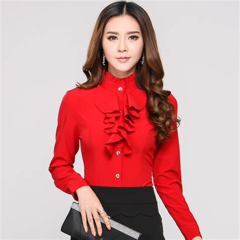 spring autumn formal red blouses women long sleeve ladies office uniform blouses xxxl