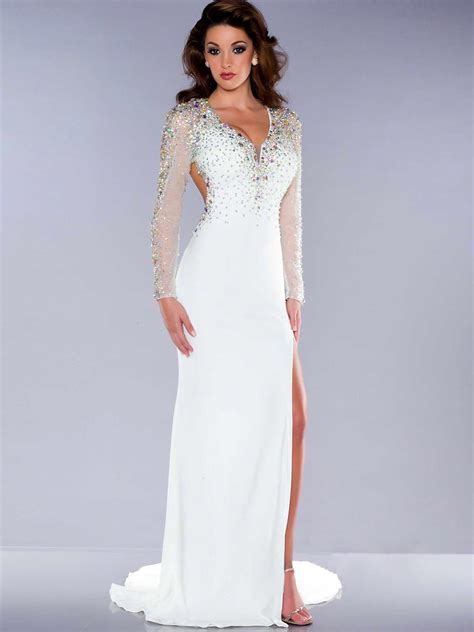 Sexy Backless White Prom Dresses V Neck Long Sleeves Colorful Beading