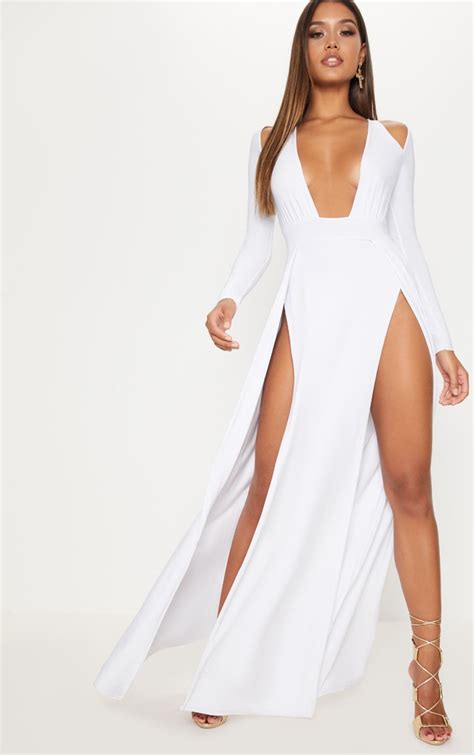 white plunge extreme split leg maxi dress prettylittlething aus