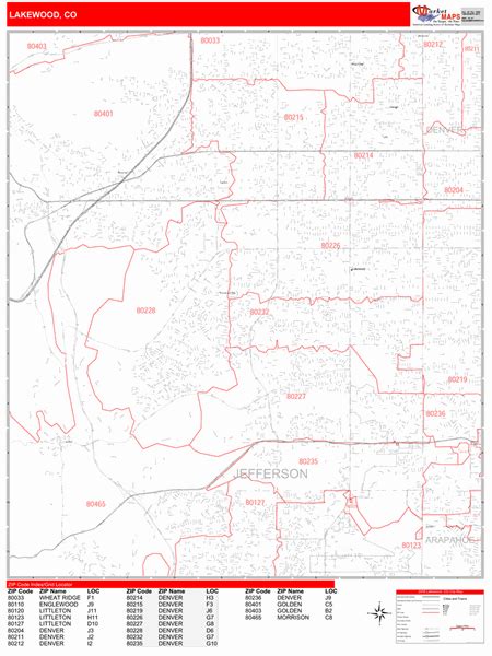 Lakewood Colorado Zip Code Wall Map Red Line Style By