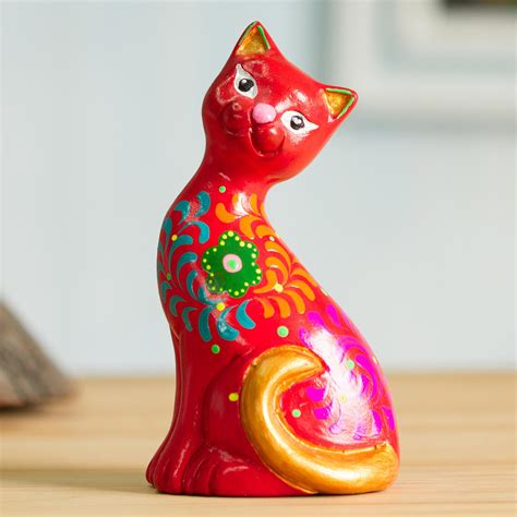 hand painted ceramic cat figurine  red  peru sweet cat  red novica