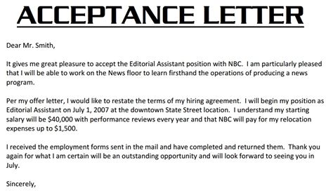 job acceptance letter  acceptance letter