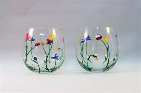 Wild Flowers Hand Painted Stemless Wine Glasses Painted Wild Etsy