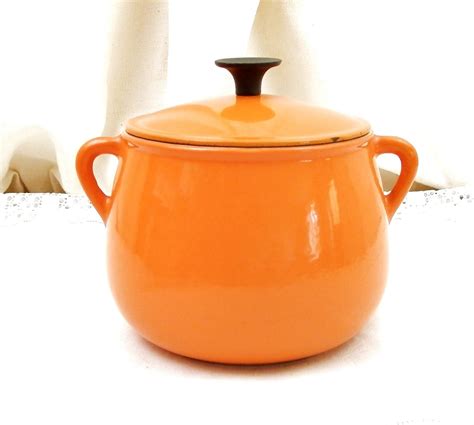 small vintage pot belled orange cast iron enamelware french cooking pot