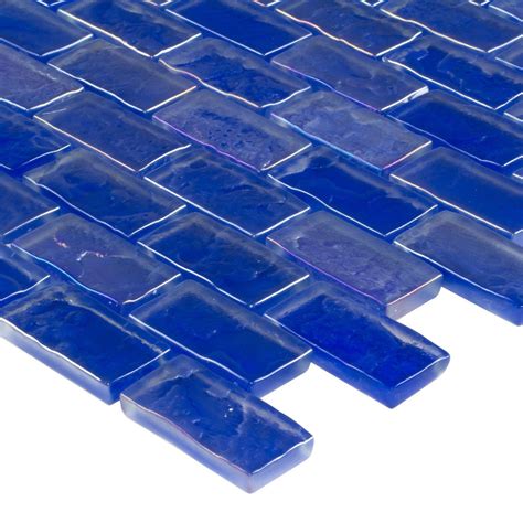 Mto0087 Classic 1x2 Brick Blue Frosted Glossy Glass Mosaic Tile