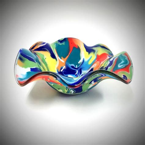 Rainbow Glass Wave Bowl Fused Glass Art Fruit Bowl Colorful