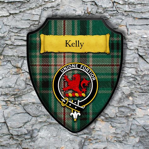 kelly shield plaque  scottish clan coat  arms badge  clan plaid tartan background wall