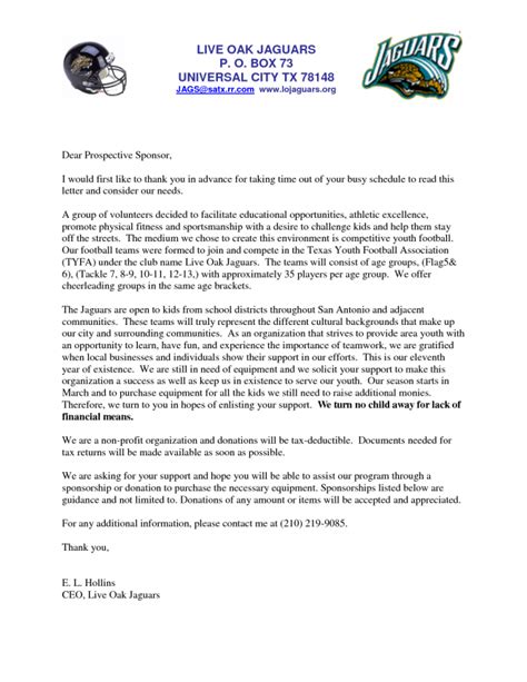 youth sports sponsorship letter sponsorship letter donation request