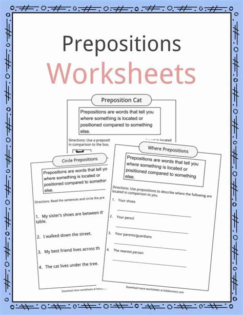 prepositions definition worksheets examples  text  kids