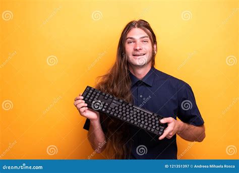 inspiring male adult holding  keyboard stock image image  casual game