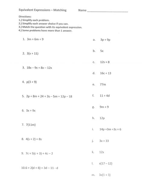 equivalent expressions worksheet  grade education template