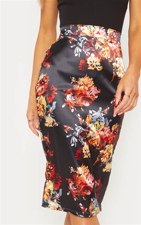 black satin floral print pencil skirt prettylittlething