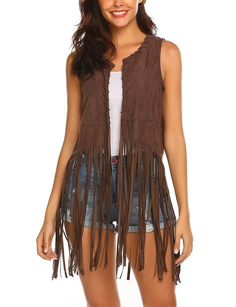 women fringe vest faux suede tassels  hippie clothes open front sle