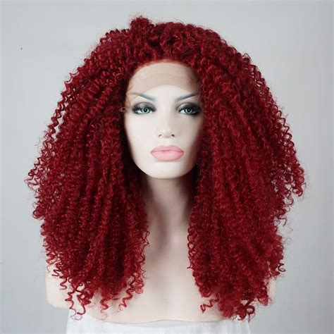 afro red hair fluffy curly long lace front wig heat resistantwig cap  synthetic  lace