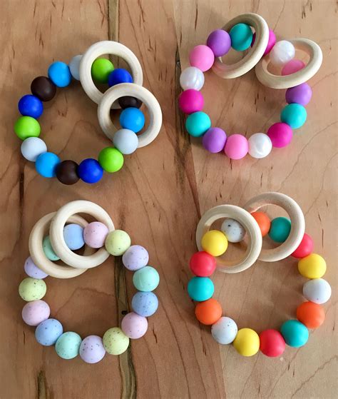 silicone bead baby teething rings  natural wood rings unique
