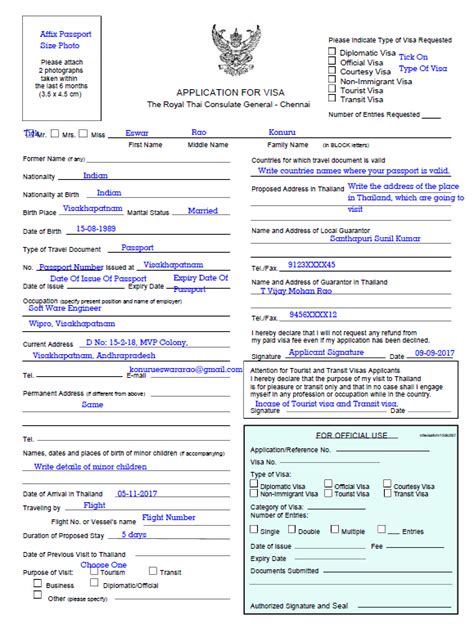 filled thailand visa application form for indian citizens