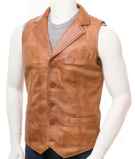 button closure brown tan leather vest  men jackets creator