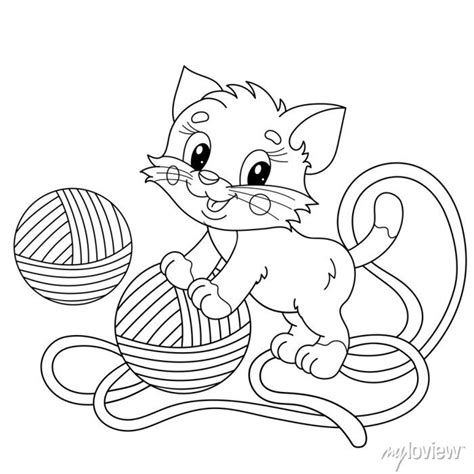 coloring page outline  cartoon  cat  balls  yarn posters