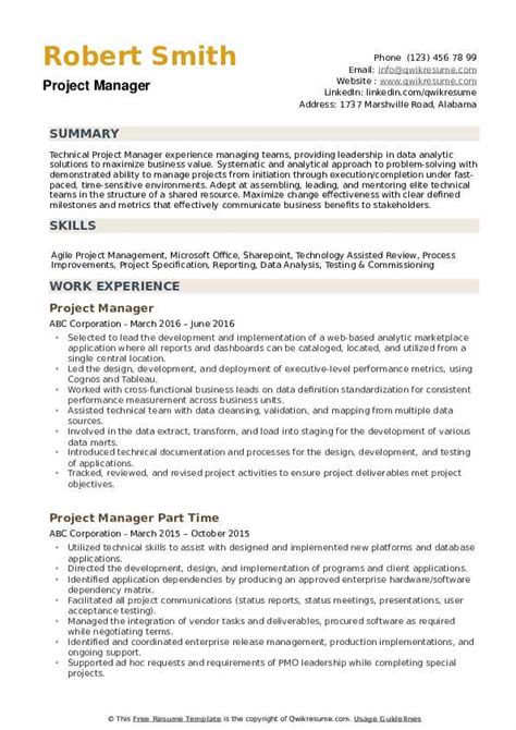 project manager resume samples qwikresume