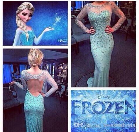 Discount 2014 Frozen Elsa Ice Blue Evening Dresses Long Sleeve Scoop