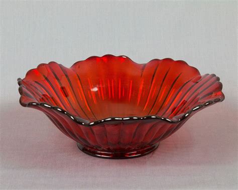 Vintage Pressed Ruby Red Glass Round Serving Bowl Rippled And Etsy