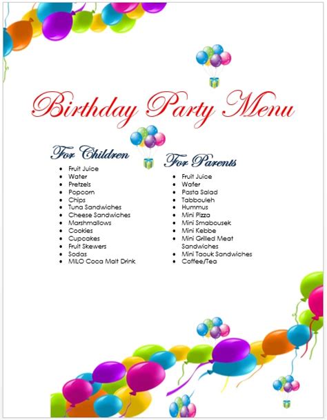 sample birthday menu templates printable samples