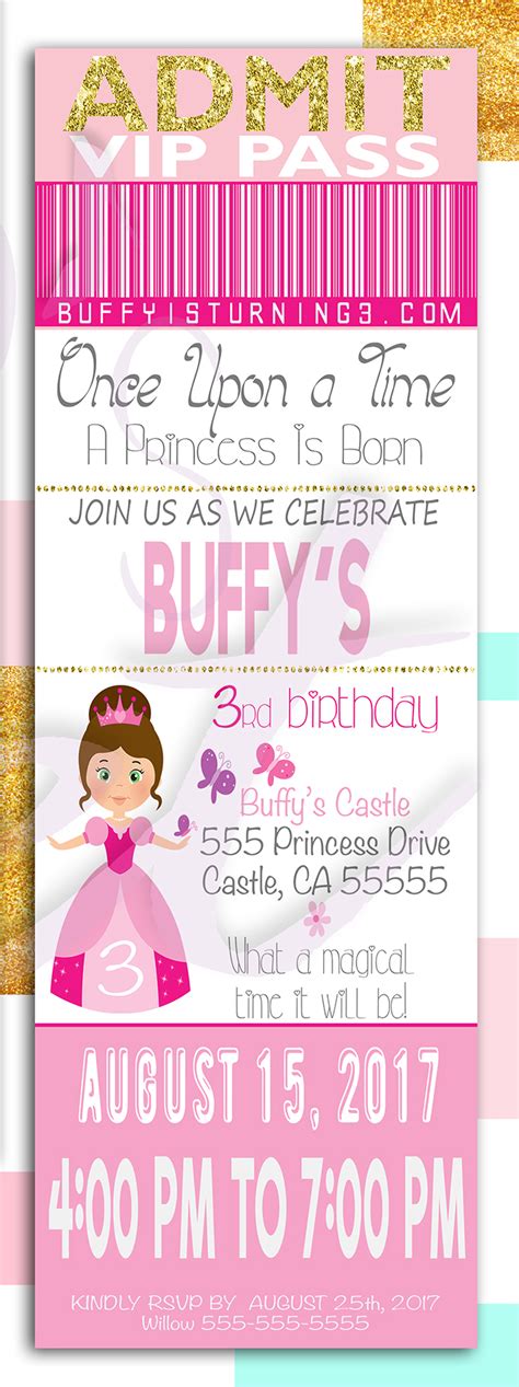 Vip Princess Birthday Invitation Princess Invitation Ticket