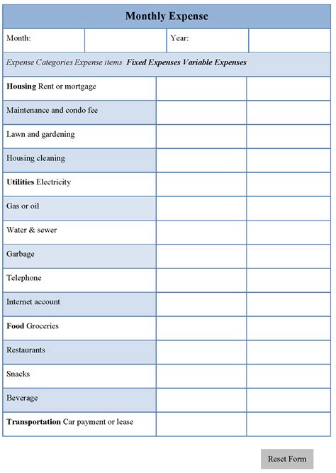 monthly expense form editable forms