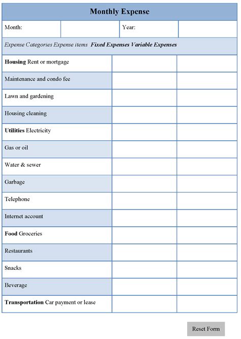 printable monthly business expense sheet