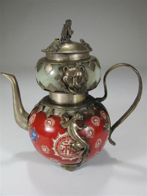 sold price antique chinese metal jade porcelain teapot july
