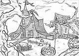 Halloween Haunted Houses Coloring Pages Two Adults Pumpkins Adult Nightmarish Bats Threatening Trees Landscape Events sketch template