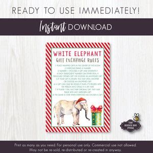 white elephant rules card printable instant  etsy