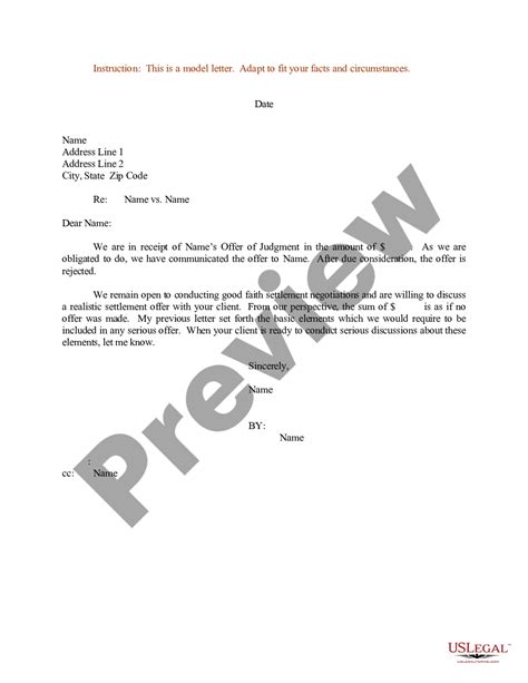 sample letter  rejection  settlement offer rejection offer