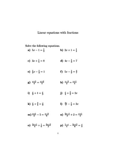 linear equations  fractions worksheet  solutions teaching