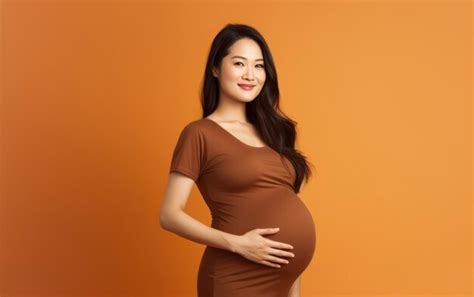 Premium Ai Image Happy Pregnant Asian Woman Touching Her Belly