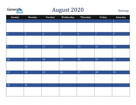 norway august  calendar  holidays