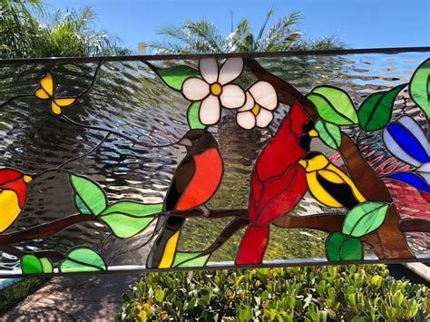 Colorful Bird Gathering 2 Transom Stained Glass Window
