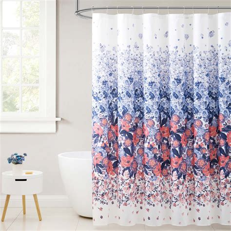 fabric shower curtain  bathroom white  navy  orange coral