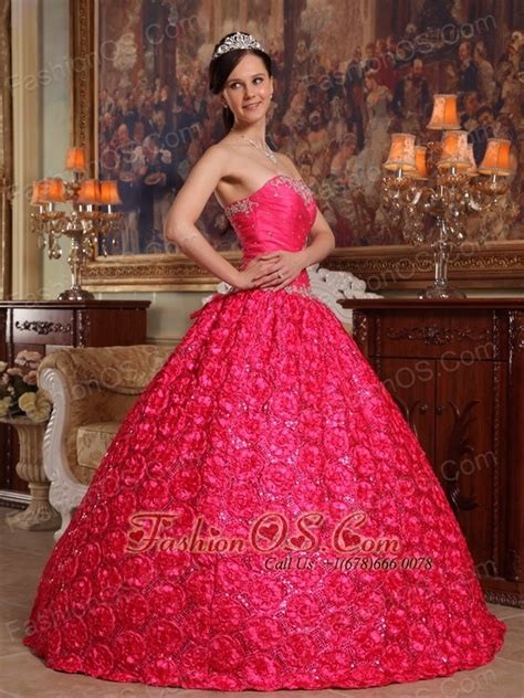 wonderful coral red quinceanera dress strapless fabric with rolling flowers appliques ball gown