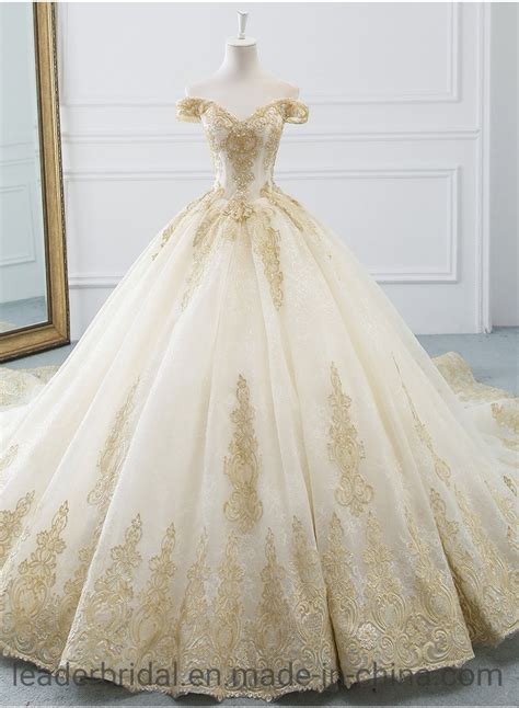 China Gold Lace Bridal Ball Gowns Applique Beading Real Wedding Dresses