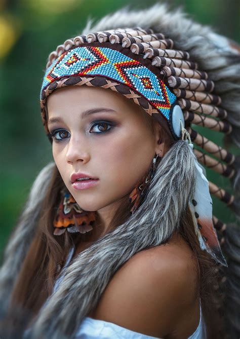 Women Model Brunette Long Hair Portrait Display Feathers Native