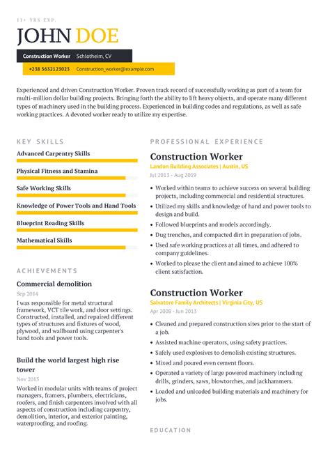 construction worker resume   content sample craftmycv