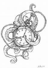 Octopus Tattoo Clock Drawing Tattoos Compass Drawings Squid Neck Sleeve Grey Ink Men Designs His Dragon Seashells Girl Portuguese Tatoo sketch template