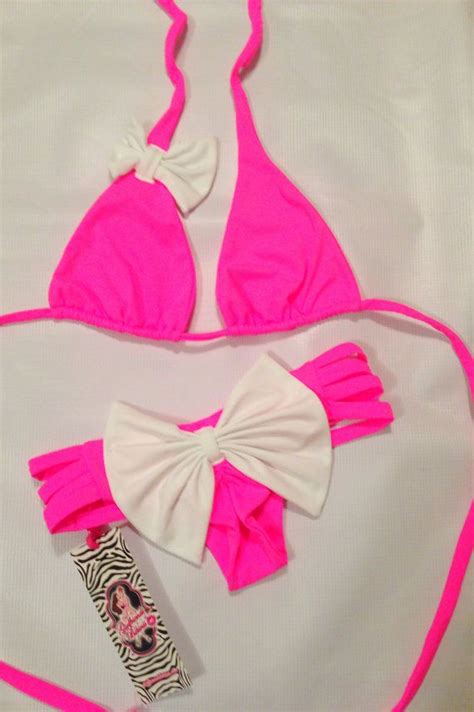 Bow Bikini Set In Hot Pink With White Bows With Strappy Bottoms And S