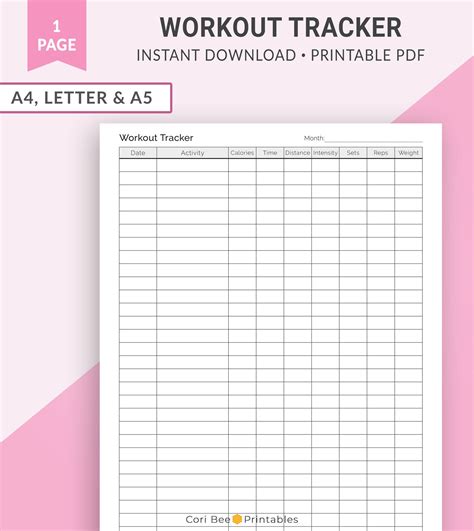 workout tracker printable workout log workout planner fitness